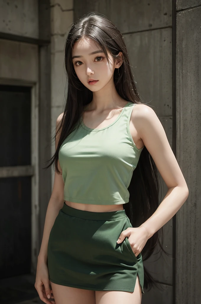 20 year old girl, green tank top, green skirt, long hair, high contrast (Natural skin texture, Hyperrealism, Soft Light, sharp), portrait, standing, kpop