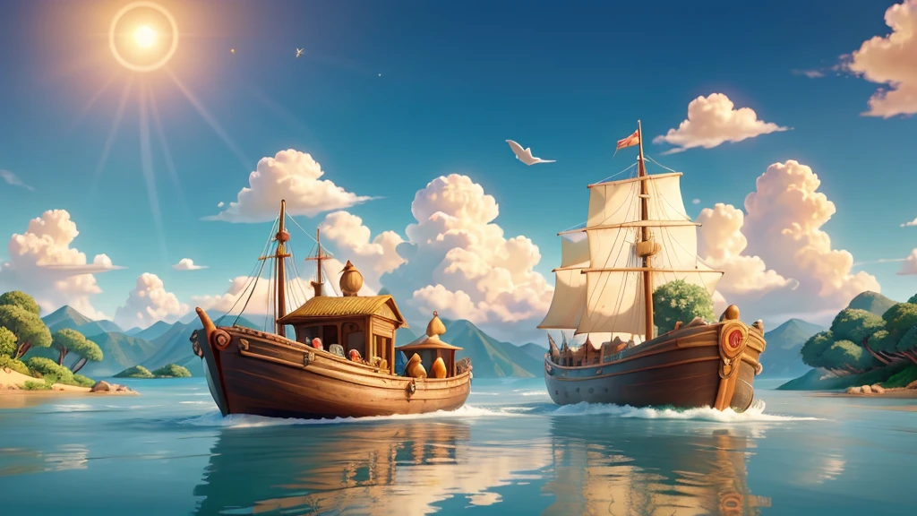 Create a vibrant, Pixar-style digital illustration of Noah's Ark. The scene should be cheerful and colorful, capturing the magical moment when the ark is floating on calm waters after the flood. The ark itself should be a large, wooden vessel with a rounded, friendly design, reminiscent of classic Pixar charm.
Noah and his family, depicted with expressive faces and warm, animated features, should be seen on the deck of the ark, looking relieved and happy. Surrounding them, a variety of animals in pairs—lions, elephants, giraffes, zebras, and birds—should be portrayed with playful and whimsical expressions, adding a sense of joy and adventure.
The background should feature a beautiful, radiant rainbow arcing across the sky, symbolizing God's promise. Soft, fluffy clouds and a glowing sun should illuminate the scene, creating a hopeful and heartwarming atmosphere. The water should be depicted as gentle waves with a shimmering, reflective surface, enhancing the overall sense of peace and renewal.
Ensure the overall composition is dynamic and engaging, with a blend of realism and fantasy that captures the essence of Pixar's storytelling and visual style.