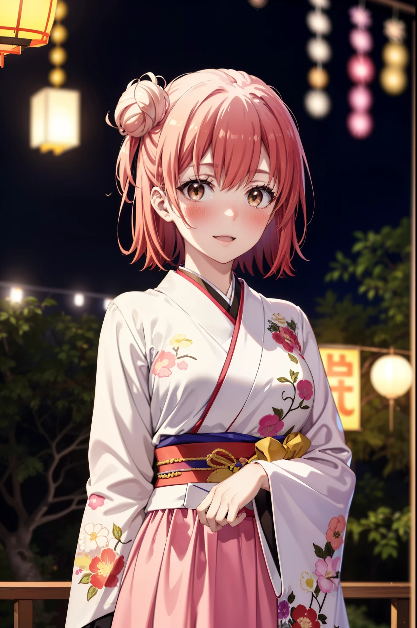 yuiyuigahama, yui yuigahama, short hair, (Brown eyes:1.5), (Pink Hair:1.2), smile,blush,Squint your eyes,Open your mouth,Happy atmosphere,Hair Bun,single Hair Bun, smile,Flower Hair Ornaments,Big Breasts,Pink kimono,Long skirt in pink color,Thick sleeves,日本のfestival,夏festivalの屋台,Red lantern,Fireworks in the night sky、Fireworks,The place is a fireworks display,Time is night,So that the whole body goes into the illustration,
break outdoors, festival,
break looking at viewer, Upper Body, (Cowboy Shot:1. 5)
break (masterpiece:1.2), Highest quality, High resolution, unity 8k wallpaper, (figure:0.8), (Beautiful attention to detail:1.6), Highly detailed face, Perfect lighting, Highly detailed CG, (Perfect hands, Perfect Anatomy),