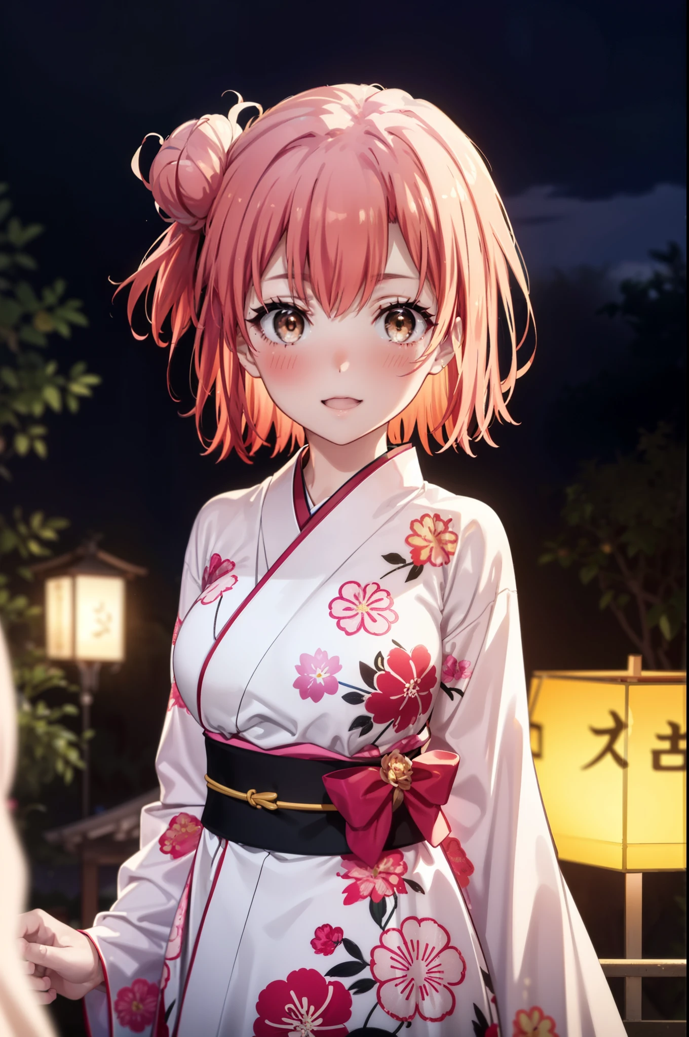 yuiyuigahama, yui yuigahama, short hair, (Brown eyes:1.5), (Pink Hair:1.2), smile,blush,Squint your eyes,Open your mouth,Happy atmosphere,Hair Bun,single Hair Bun, smile,Flower Hair Ornaments,Big Breasts,Pink kimono,Long skirt in pink color,Thick sleeves,日本のfestival,夏festivalの屋台,Red lantern,Fireworks in the night sky、Fireworks,The place is a fireworks display,Time is night,So that the whole body goes into the illustration,
break outdoors, festival,
break looking at viewer, Upper Body, (Cowboy Shot:1. 5)
break (masterpiece:1.2), Highest quality, High resolution, unity 8k wallpaper, (figure:0.8), (Beautiful attention to detail:1.6), Highly detailed face, Perfect lighting, Highly detailed CG, (Perfect hands, Perfect Anatomy),