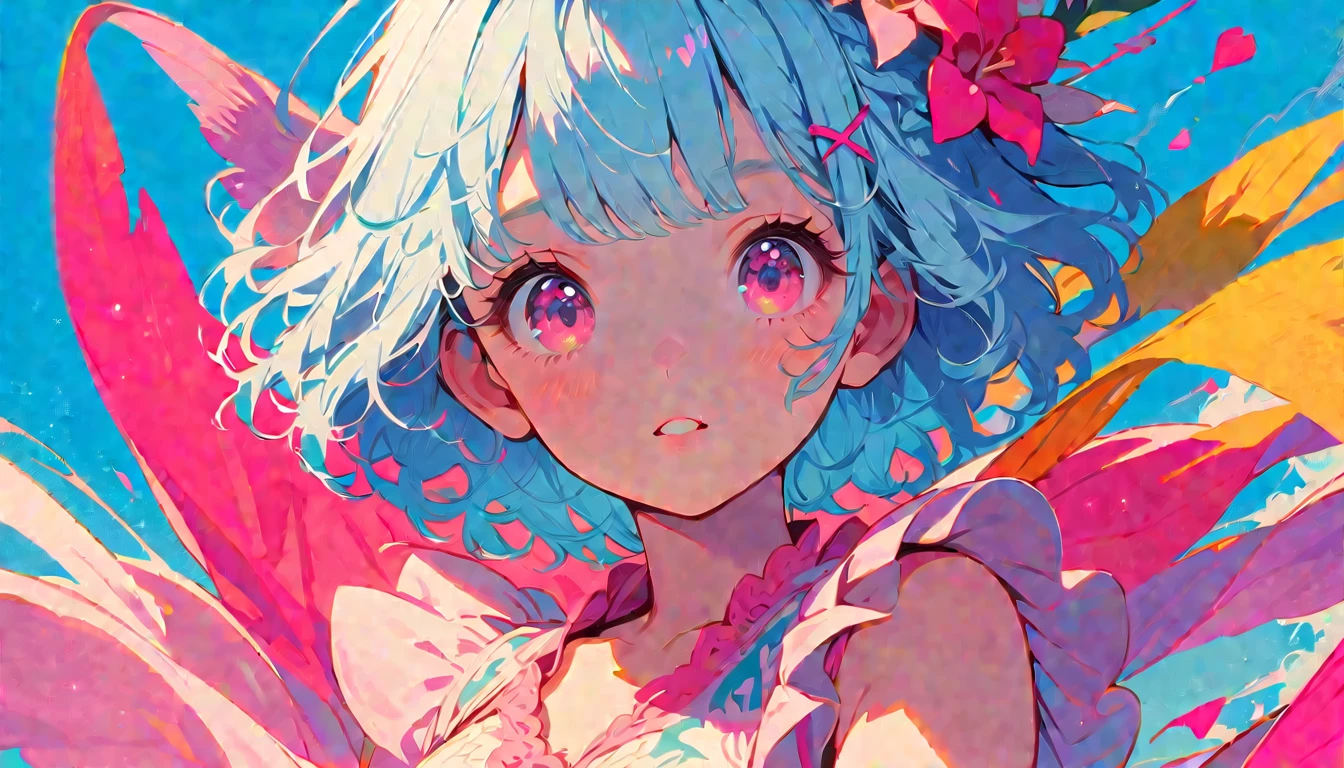 summer、1 female, Light blue hair,　short hair, Pink accents、Follow your dreams、