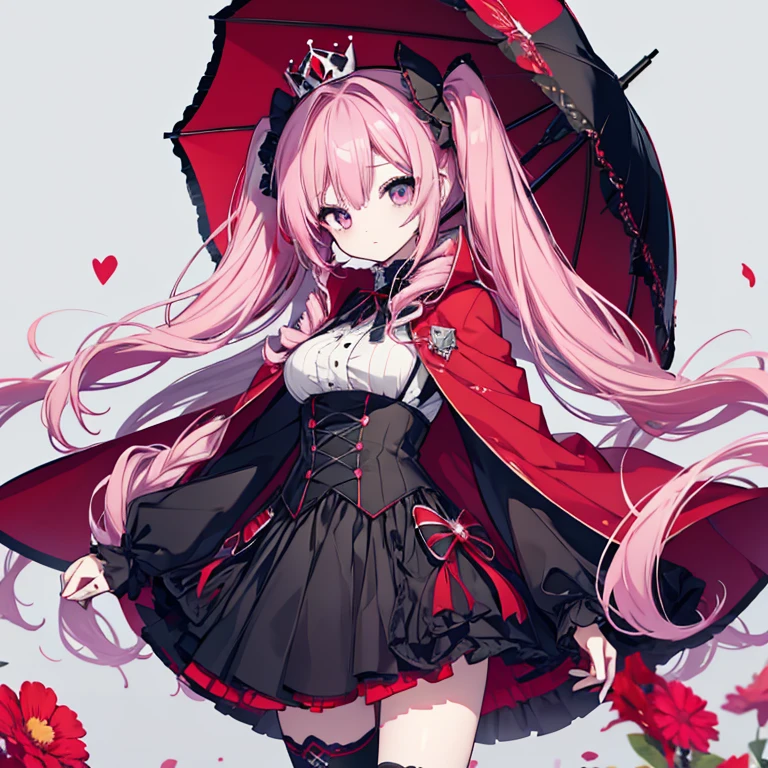 1 girl、Mature、Ample breasts、Long Hair、Pink Hair、Drill curl long hair、Twin tails、Dark Eyes、Round eyes、Gothic ta、Miniskirt、Crown on the head、Red Cape、Bewitching lol、cute、Red parasol、High resolution、Highest quality