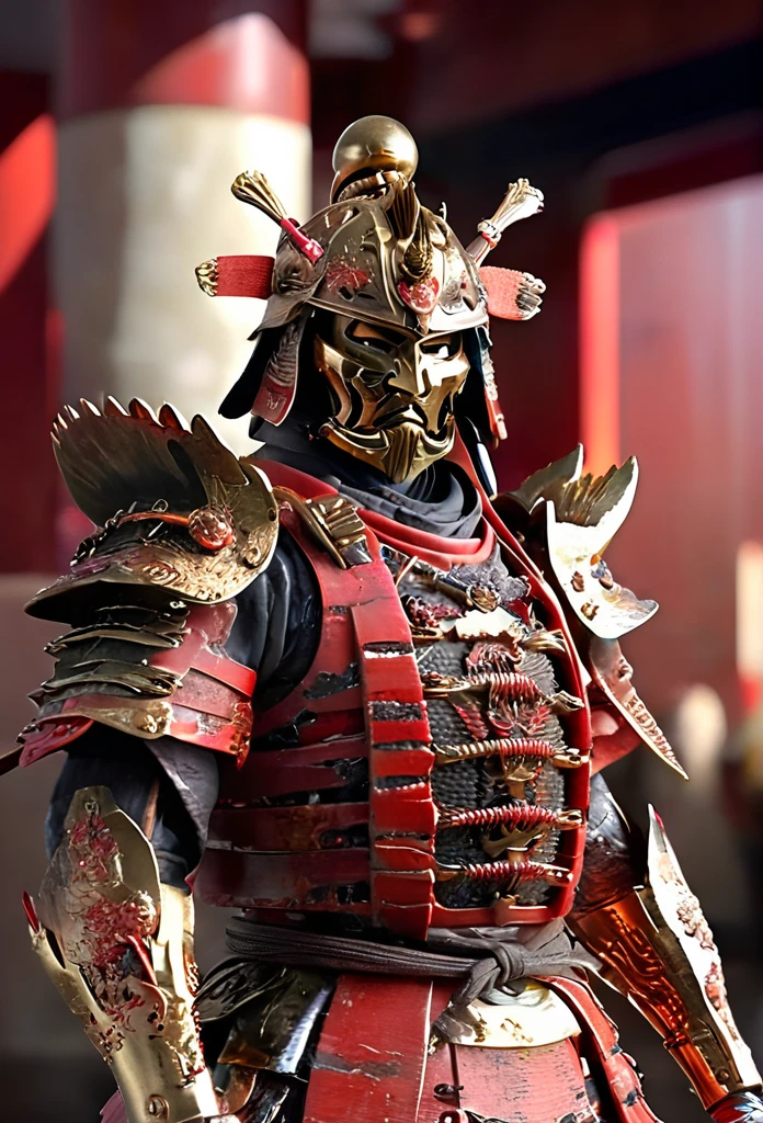ultra HD、super high quality、Real、CG、Masterpiece、cyborg、android、Smoke coming out of your mouth、The weapon is a Japanese sword、Samurai-like armor is made of full metal、Launch an attack on the enemy, FW Murano Style, Vibrant Color Blast, Incredibly detailed, Eyes glow red、dark, Key Visual, Atmospheric, Very Real, Attention to detail and texture, Ray Tracing