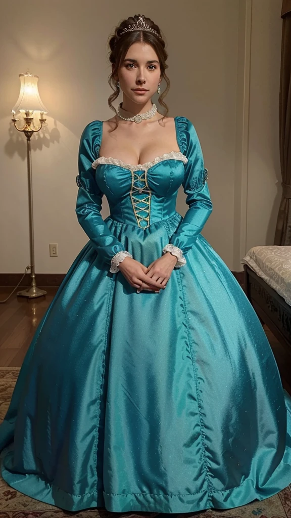 There stands a woman in a blue-green high-necked dress in front of a bed, blue-green dress, Anime Princess, lovely, lazy princess, long dress, lovely weibliche Prinzessin, lovely Prinzessin, elegantes glamouröses Cosplay, Nice costume, medieval princess, high-quality costume, Fantasy dress, Rococo style dress, Victorian dress, fully covered dress, royal dress, lovely Königin, wearing a wonderful dress,reifrock,coseted women with big breasts,diamond Collar,diamonds big earrings, Updo decorated with pearls