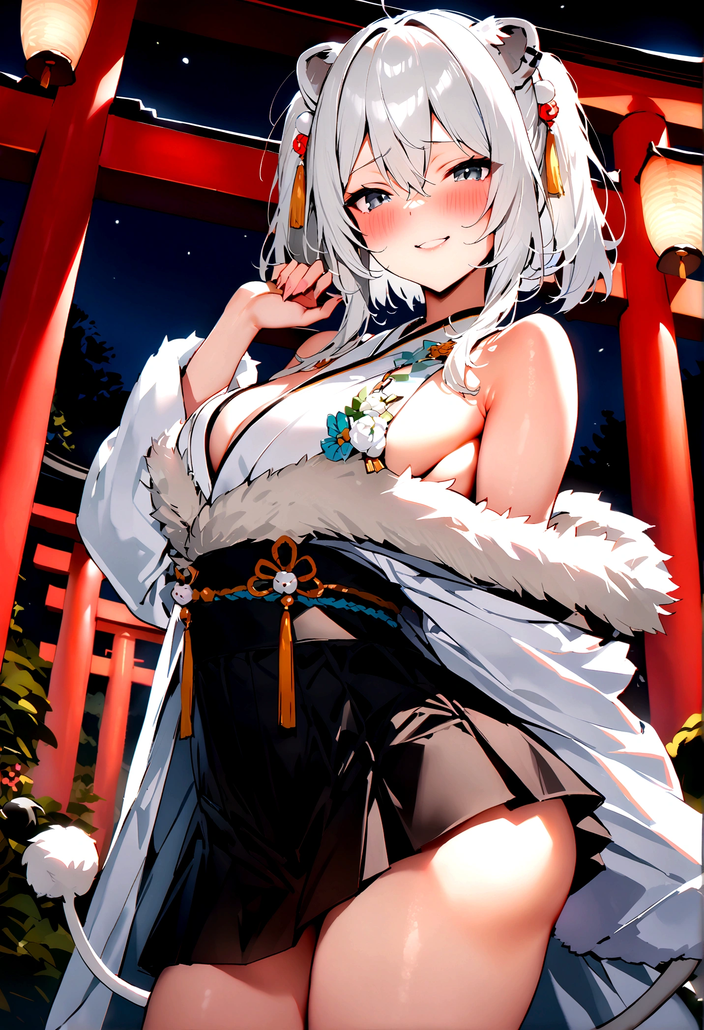 NSFW,masterpiece,Highest quality,High resolution,Super detailed,Shishirabotan\(Hololive\),Double Odango、flower、Side Lock、Lion's tail、White kimono、Off the shoulder、fur ornament、Black Hakama、Short skirt,Bad smile,blush,Shrine at night,torii,Sexy pose,(Seduce)