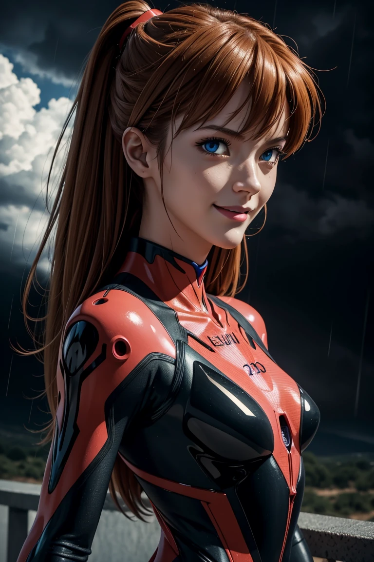 Evangelion,Asuka Langley,blue eyes,Plug Suit,Bodysuits,Interface Headset,赤いBodysuits,Ultra HD,super high quality,masterpiece,Digital SLR,Photorealistic,Detailed details,Vivid details,Depicted in detail,A detailed face,Detailed details,Super Detail,Realistic skin texture,Anatomical basis,Perfect Anatomy,Anatomically correct hand,Anatomically correct fingers,Complex 3D rendering,Sexy pose,Rainy Sky,Beautiful scenery,Fantastic rainy sky,Red Sea,Picturesque,Pink Lips,smile,