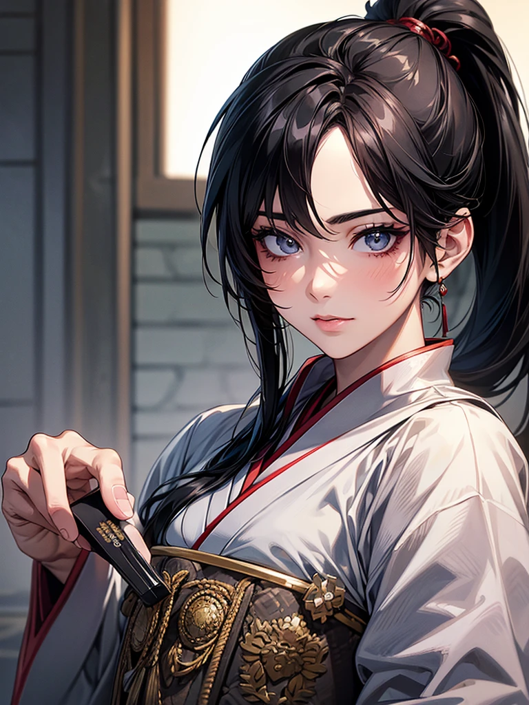 Highest quality, Ultra-high resolution, (Realistic: 1.4), beautiful Eyes, Super beautiful, beautiful, Warrior, Japanese style (Black Hair、ponytail),, beautiful Soldier, Eyes that beckon, Mistress&#39;s point of view, Attractive look, Sexy smile, Perfect Style, Perfect balance, Detailed skin, Mischievous Gaze,　Droopy eyes、Japanese sword