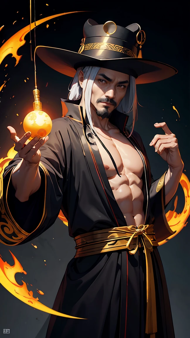 a mystical taoist monk in a taoist robe and hat, with a confident expression, exuding an aura of mystery and mastery of feng shui and yin yang, holding taoist artifacts, with detailed facial features including eyebrows and mustache, digital art, concept art, fantasy, cinematic lighting, vibrant colors, highly detailed, 8k, best quality, photorealistic