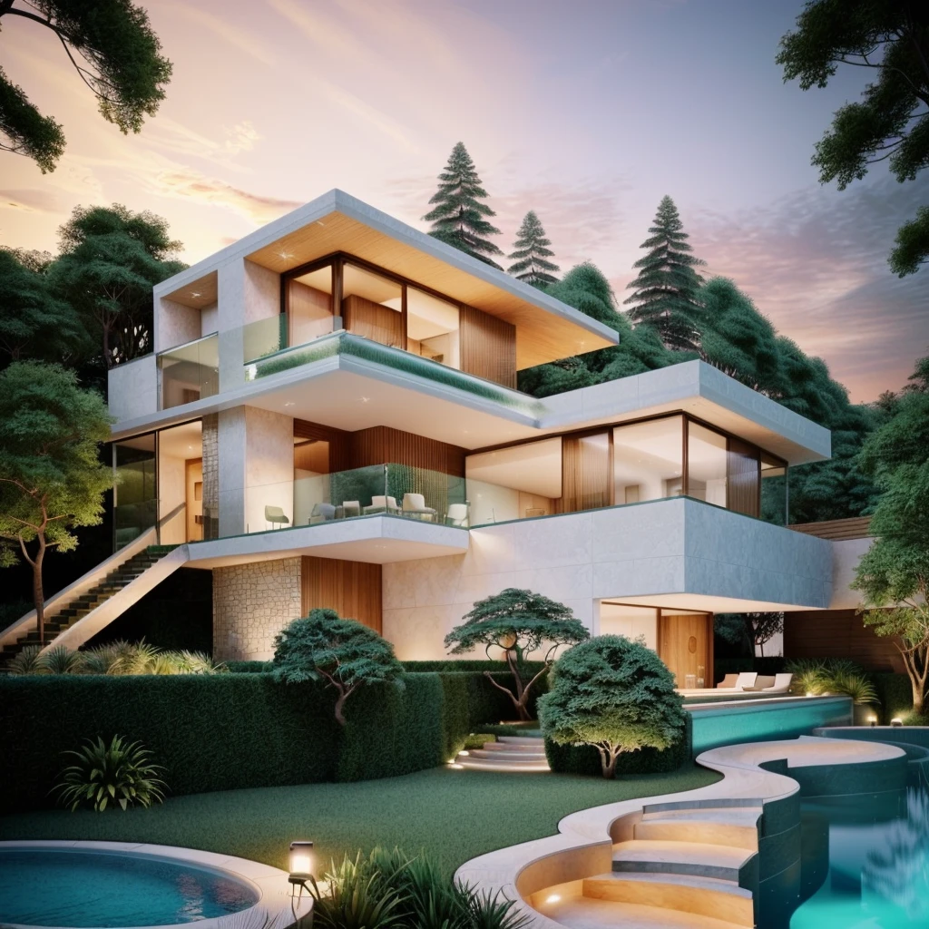 THE 70s MODERN HOUSE located on the upper hill, best quality, detailing, ((curly road street in front of the house)), wooden ceiling, in the middle Fall, ((garden's lighting)), pathway with lighting, after rain, (((A small rectangle swimming pool at the ground floor; under the house))), white umbrellas, ((big front yard)), ((in the pine forest)), (DARK SUNSET)