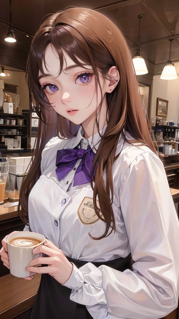 (Top resolution、Distinct_image)top-quality、femele、​masterpiece、highly detailed、Semi-realistic、purple eyes、18year old、young、Exquisite facial features、Facial features、unique hairstyle, variations, potrait, white background,    , long straight hairstyles , light brown hair , barista , workplace uniform, coffe shop, cafe, cashier