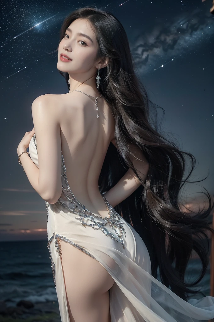 (((best quality))),(((ultra detailed))),(((masterpiece))),illustration,((A beautiful female astrologer,solo)),((slim,thin)),((bare back,towering hips,butt crack)),((shoulder length straight bob hair)),(laughing:1.2),(earrings,necklace),(sparkled sheer dress:1.3),standing beneath a magical summer night, stars twinkling in the velvety darkness,starry sky, sapphire eyes filled with wonder, flowing ethereal gown mimicking the stars, silver pendant shaped like a horoscope,serene smile and captivating gaze, celestial beauty and mystery, solace and inspiration in the vast expanse of the universe,((from back,upper body))