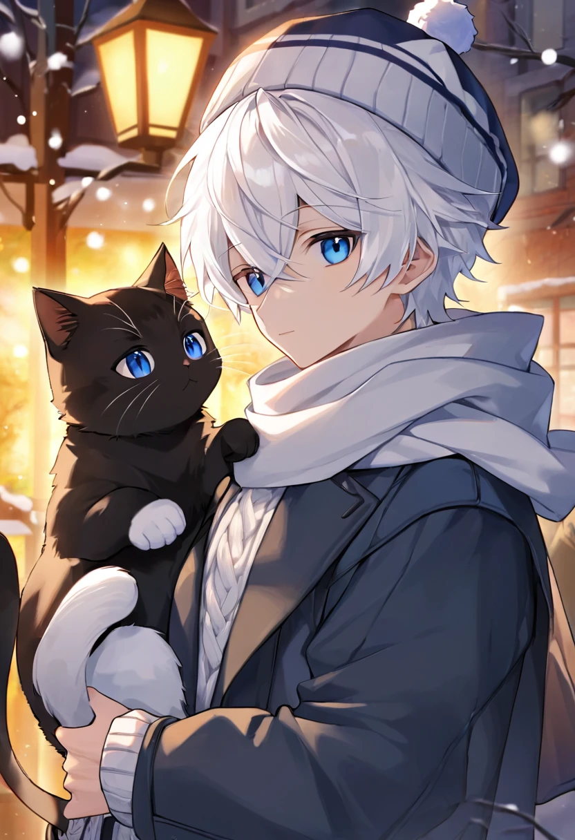 White Hair、Big light blue eyes、White skin、Wear a black cat ear knit cap、Killua Zoldyck、A warm-looking scarf、He is a age boy、Warm-looking coat、The season is winter、I'm blushing、Reaching out to him