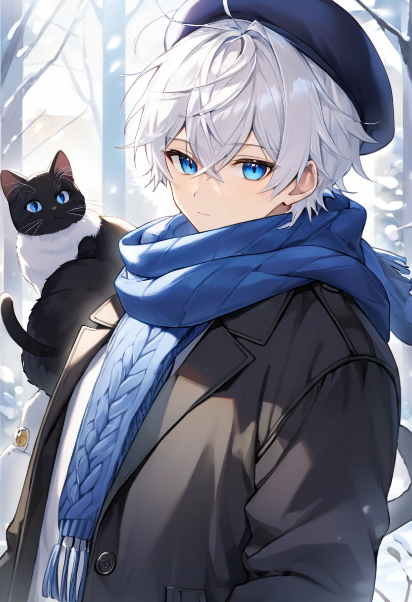White Hair、Big light blue eyes、White skin、Wear a black cat ear knit cap、Killua Zoldyck、A warm-looking scarf、He is a teenage boy、Warm-looking coat、The season is winter、I'm blushing、Reaching out to him