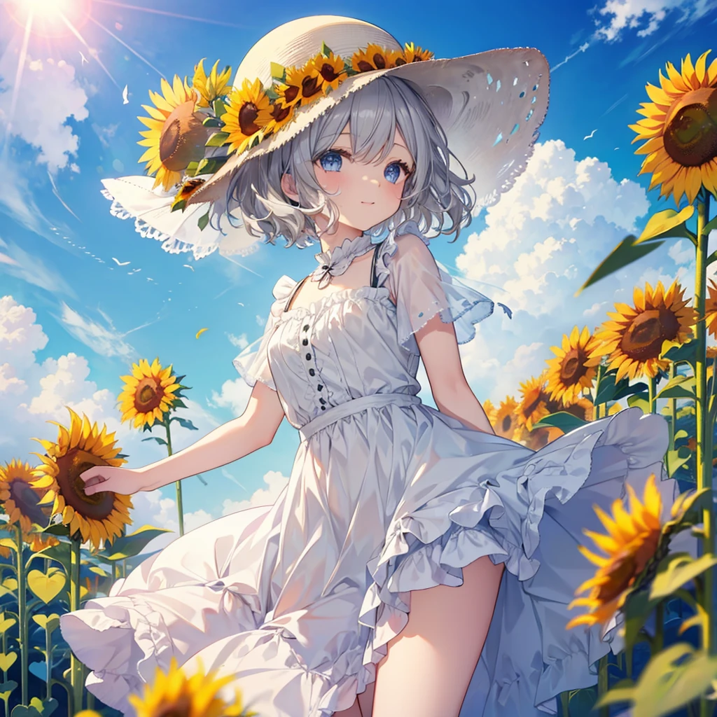 ((((Frilly clothes Sunflower field)))) (((Gray Hair short hair blue eyes woman profile View sunflowers))),((Blowing in the Wind sunlight sun cloud)),(Wearing a hat Beige clothes smile), Showing teeth Shining Background Shining Edges