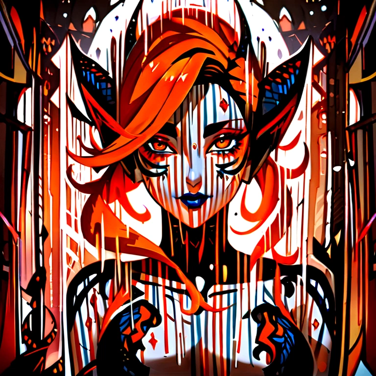 (((Masterpiece))), (((Best Quality: 1.4))), ((Super Detail: 1.4)) , hyper detailed gouache painting of a female Tiefling, gorgeous exotic features, amber neon eyes:1.5, orange hair, hyper detailed face features, expressivo face, detailed textures, blue skintone, tattoos, natural skin shader, volumetrics, warm undertones under her skin, ultra High resolution