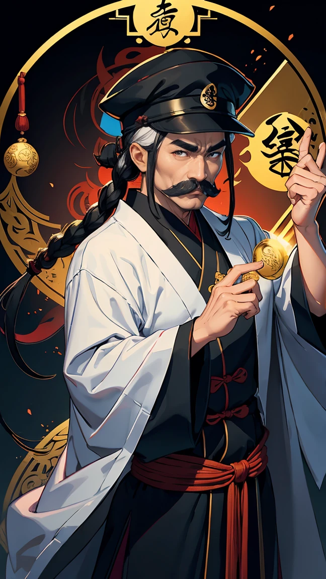 Taoist robe，Taoist cap，Mysterious temperament，Mastering Feng Shui Yin Yang，Possession of the Magic Vessel，Moustache，Figure-eight eyebrows，Confident expression，Game art promotion style

