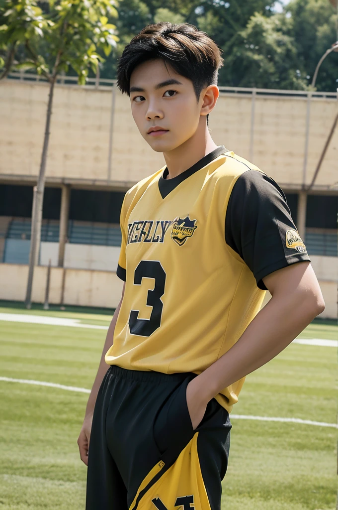  young asian man looking at camera In a black and yellow sports shirt , Fieldside, sunlight, looking at the football field