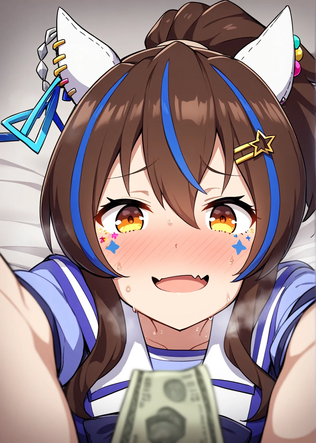 SoraBase, long hair, star hair ornament, hair ribbon, blue eyes, blue vest, sleeveless shirt, red ribbon, ,(masterpiece),(best quality),(ultra-detailed),(best illustration),(best shadow),(absurdres),(detailed face),(very aesthetic),1girl,dim lightning,in backroom,in heat,horny,looking at viewer,heavy breath,shiny skin,sweat,,,aged up,, teary-eyed,,kneeling,,open vest,open shirt,cupping hands, solo focus, own hands together,open mouth,tongue out,uvula,palm,hands on own chin,