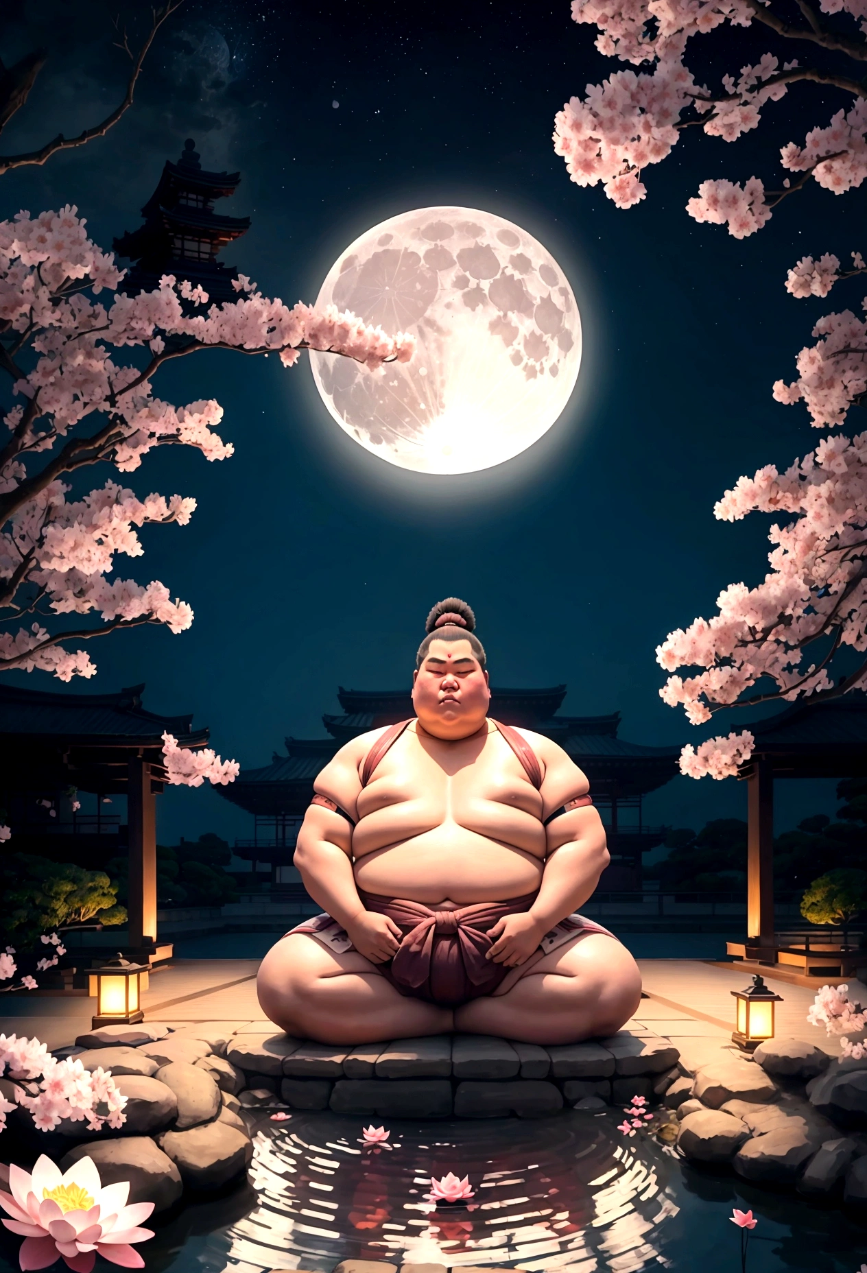 Sumo wrestler meditating, Cherry blossom garden at night, Full moon and lotus、The Buddha is watching