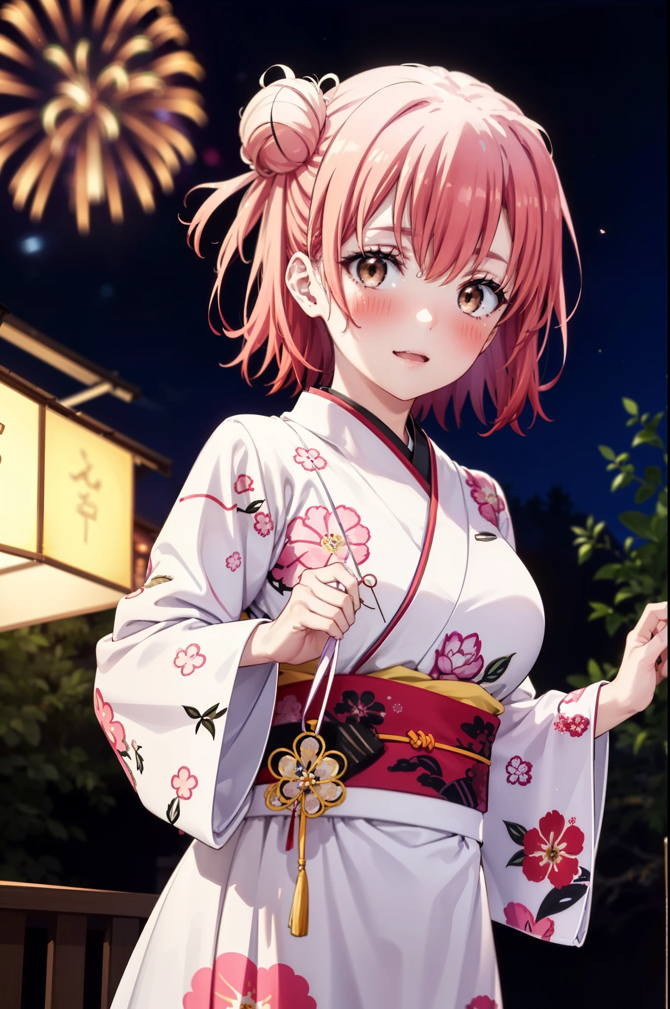 yuiyuigahama, yui yuigahama, short hair, (Brown eyes:1.5), (Pink Hair:1.2), smile,blush,Squint your eyes,Open your mouth,Happy atmosphere,Hair Bun,single Hair Bun, smile,Flower Hair Ornaments,Big Breasts,Pink kimono,Long skirt in pink color,Thick sleeves,日本のfestival,夏festivalの屋台,Red lantern,Fireworks in the night sky、Fireworks,The place is a fireworks display,Time is night,So that the whole body goes into the illustration,
break outdoors, festival,
break looking at viewer, Upper Body, (Cowboy Shot:1. 5)
break (masterpiece:1.2), Highest quality, High resolution, unity 8k wallpaper, (figure:0.8), (Beautiful attention to detail:1.6), Highly detailed face, Perfect lighting, Highly detailed CG, (Perfect hands, Perfect Anatomy),