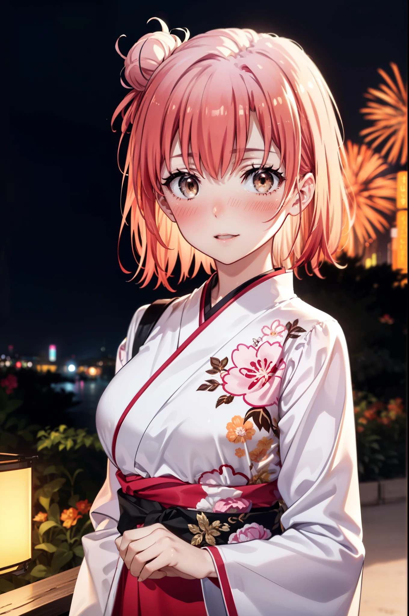 yuiyuigahama, yui yuigahama, short hair, (Brown eyes:1.5), (Pink Hair:1.2), smile,blush,Squint your eyes,Open your mouth,Happy atmosphere,Hair Bun,single Hair Bun, smile,Flower Hair Ornaments,Big Breasts,Pink kimono,Long skirt in pink color,Thick sleeves,日本のfestival,夏festivalの屋台,Red lantern,Fireworks in the night sky、Fireworks,The place is a fireworks display,Time is night,So that the whole body goes into the illustration,
break outdoors, festival,
break looking at viewer, Upper Body, (Cowboy Shot:1. 5)
break (masterpiece:1.2), Highest quality, High resolution, unity 8k wallpaper, (figure:0.8), (Beautiful attention to detail:1.6), Highly detailed face, Perfect lighting, Highly detailed CG, (Perfect hands, Perfect Anatomy),