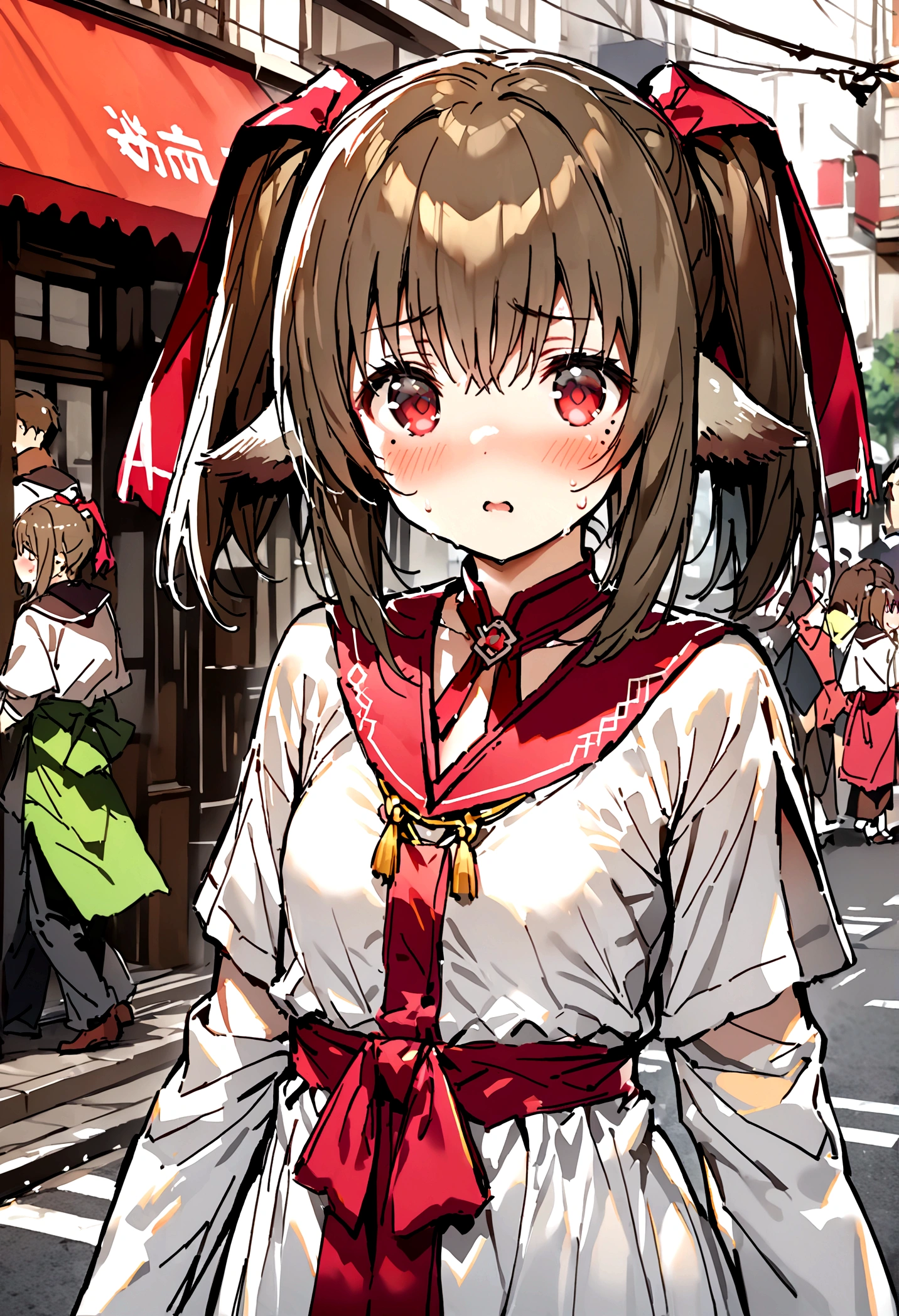 NSFW,masterpiece,Highest quality,High resolution,Super detailed,nekone \(utawarerumono\),Brown Hair、（Red Eye：1.3）、ribbon,Animal Ears,Twin tails、ヘアribbon、Mole、目の下のMole,Small breasts,(High-quality silk dress),blush,Expecting face,Seduce,bustling street