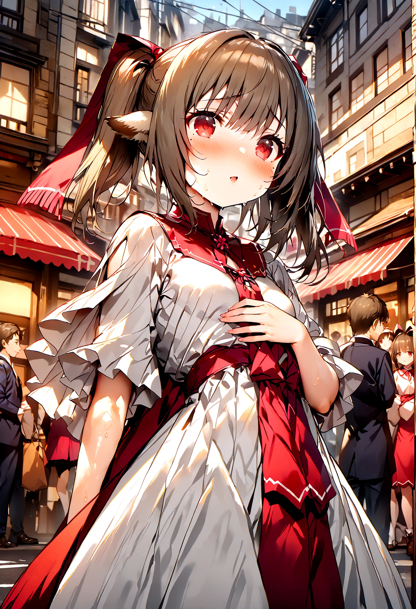 NSFW,masterpiece,Highest quality,High resolution,Super detailed,nekone \(utawarerumono\),Brown Hair、（Red Eye：1.3）、ribbon,Animal Ears,Twin tails、ヘアribbon、Mole、目の下のMole,Small breasts,(High-quality silk dress),blush,Expecting face,Seduce,bustling street