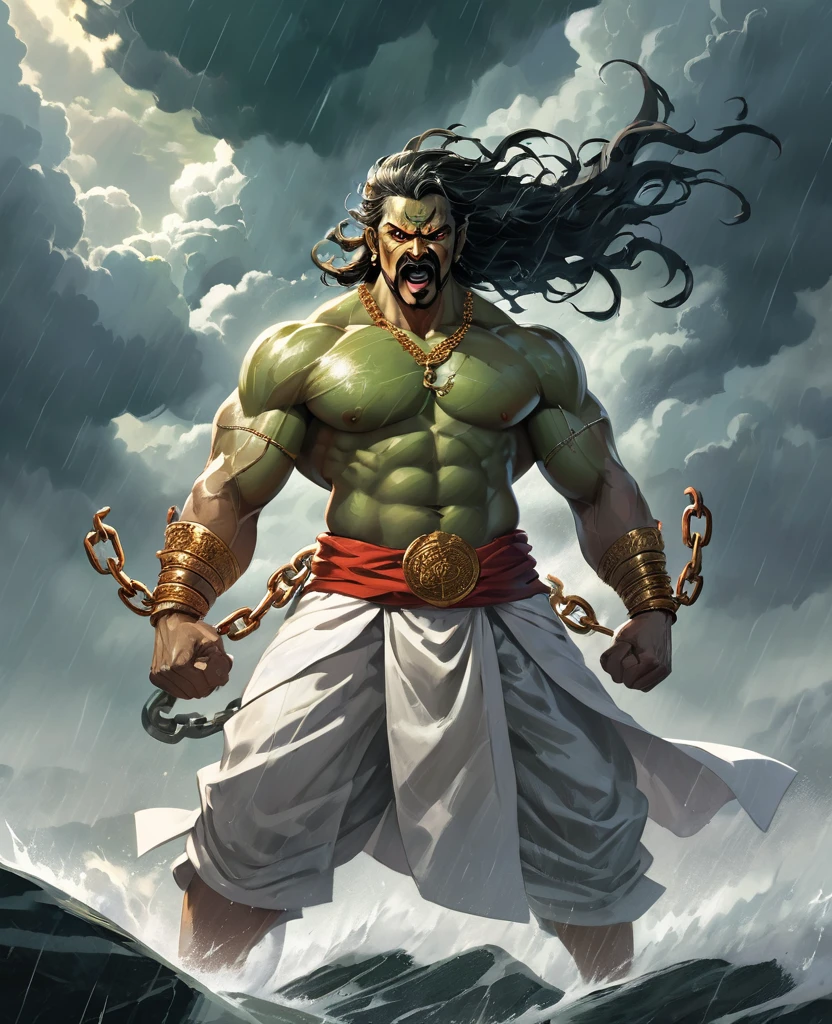 A striking, visually captivating illustration of a powerful Maratha shouting as green is prisionner warrior standing tall amidst dark clouds and heavy rain. His muscular, drenched body is adorned with massive shakles and chains at his arms, hips, and legs, while his glowing red eyes and fierce determination exude strength. With perfect facial features, a long handlebar mustache, and flowing drenched hair, he shouts in anger as he pulls the chains with immense strength. The golden hour's light illuminates him from behind, casting a dramatic rim light on his bulky frame, and the stormy atmosphere intensifies the dark fantasy scene. Clad in a white traditional dhoti-like pants and a torn white robe, the warrior's immense size and the gathering clouds create a mesmerizing visual experience that is both vibrant and cinematic, blending elements of painting, poster, and fashion into a concept, vibrant, poster, fashion, illustration, cinematic, painting, dark fantasy art by greg rutkowski