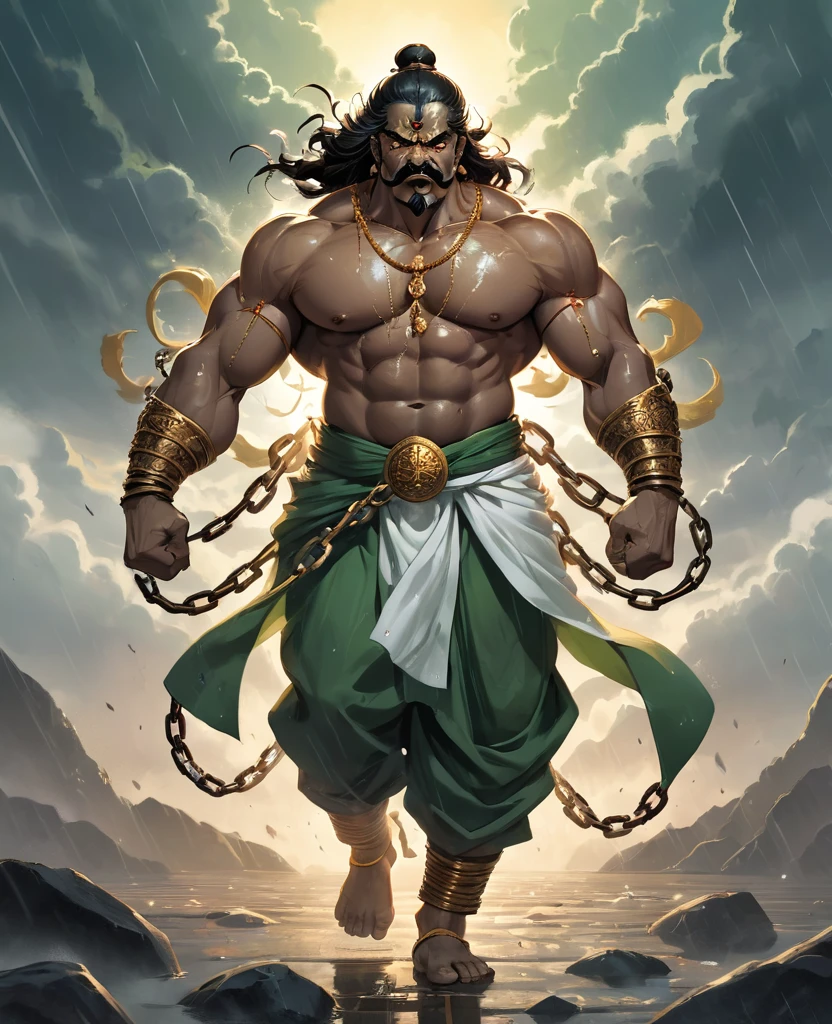 A striking, visually captivating illustration of a powerful Maratha shouting as green is prisionner warrior standing tall amidst dark clouds and heavy rain. His muscular, drenched body is adorned with massive shakles and chains at his arms, hips, and legs, while his glowing red eyes and fierce determination exude strength. With perfect facial features, a long handlebar mustache, and flowing drenched hair, he shouts in anger as he pulls the chains with immense strength. The golden hour's light illuminates him from behind, casting a dramatic rim light on his bulky frame, and the stormy atmosphere intensifies the dark fantasy scene. Clad in a white traditional dhoti-like pants and a torn white robe, the warrior's immense size and the gathering clouds create a mesmerizing visual experience that is both vibrant and cinematic, blending elements of painting, poster, and fashion into a concept, vibrant, poster, fashion, illustration, cinematic, painting, dark fantasy art by greg rutkowski