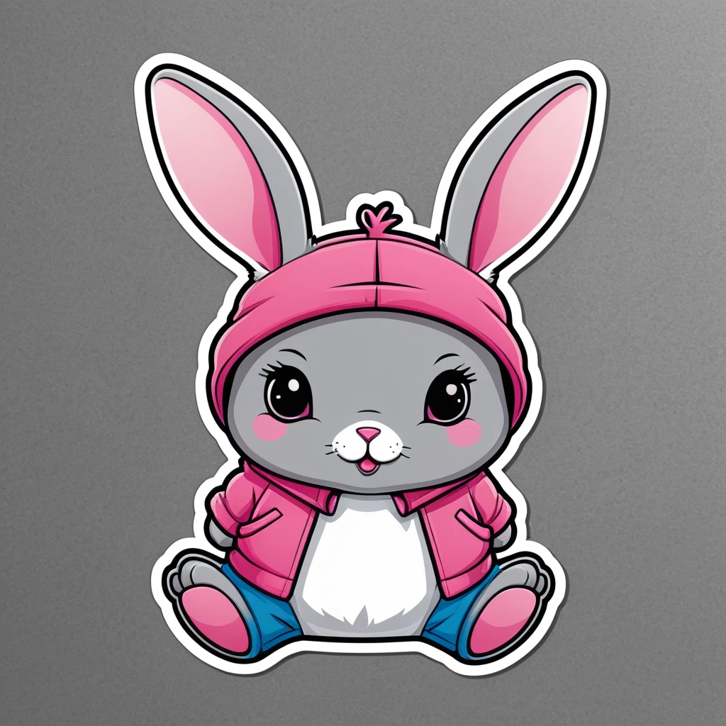 Clothing sticker design, cartoon rabbit, rabbit sticker, A high resolution, high detail, cartoon style, color gray and pink