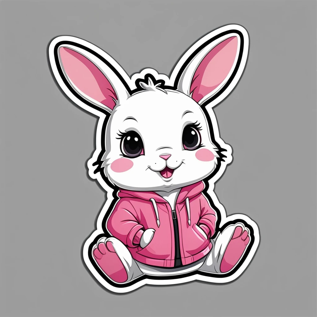 Clothing sticker design, cartoon rabbit, rabbit sticker, A high resolution, high detail, cartoon style, color gray and pink