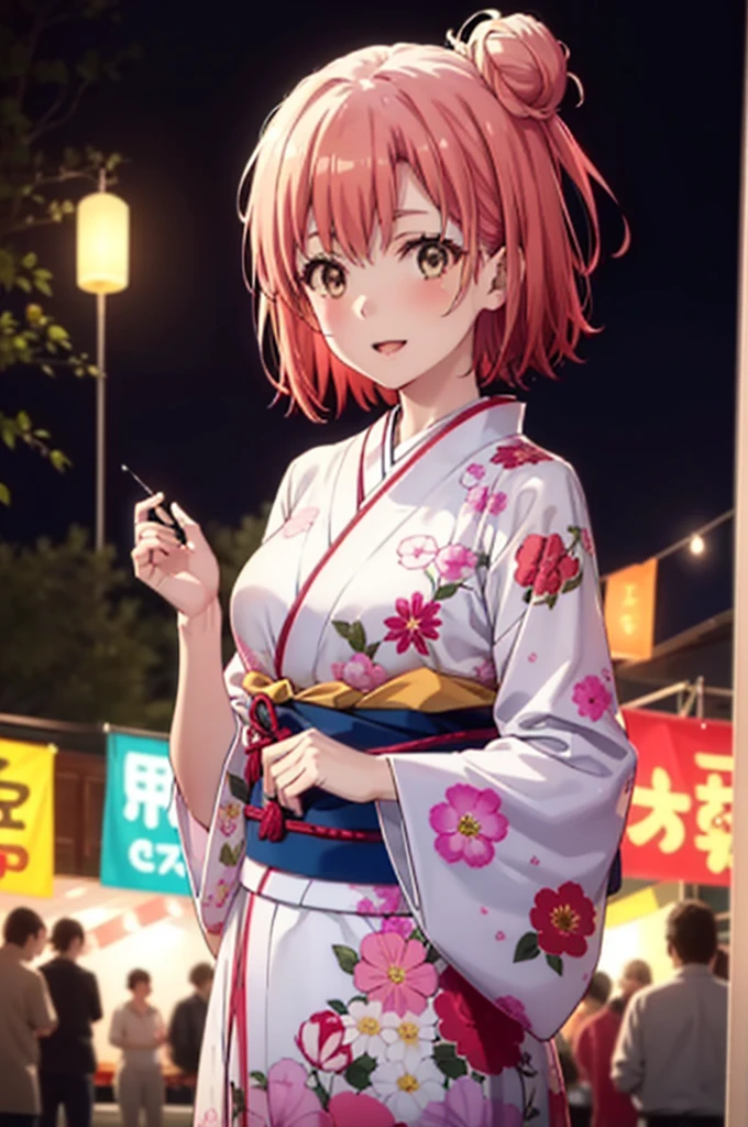 yuiyuigahama, yui yuigahama, short hair, (Brown eyes:1.5), (Pink Hair:1.2), smile,blush,Squint your eyes,Open your mouth,Happy atmosphere,Hair Bun,single Hair Bun, smile,Flower Hair Ornaments,Big Breasts,Pink kimono,Long skirt in pink color,Thick sleeves,日本のfestival,夏festivalの屋台,Red lantern,Fireworks in the night sky、Fireworks,The place is a fireworks display,Time is night,So that the whole body goes into the illustration,
break outdoors, festival,
break looking at viewer, Upper Body, (Cowboy Shot:1. 5)
break (masterpiece:1.2), Highest quality, High resolution, unity 8k wallpaper, (figure:0.8), (Beautiful attention to detail:1.6), Highly detailed face, Perfect lighting, Highly detailed CG, (Perfect hands, Perfect Anatomy),