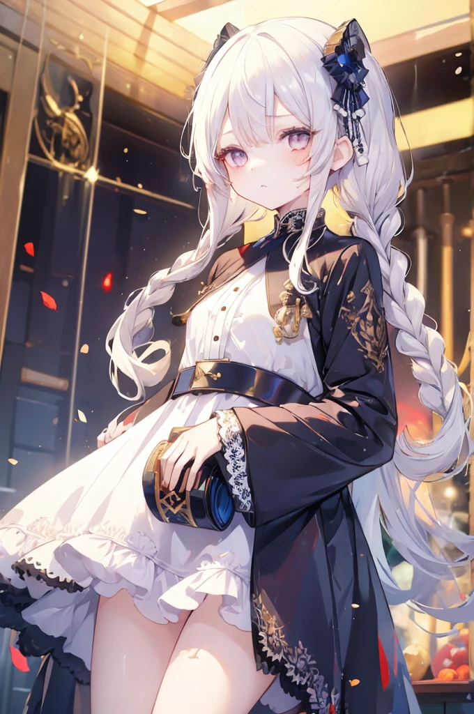 (masterpiece:1.3), (best quality:1.15),1girl, upper body, facing viewer, pageboy hair, knee-length hair, white hair, twin braids hair, ivory eyes, birthmark, frown, white Abaya, houndstooth, lace trim, monocle