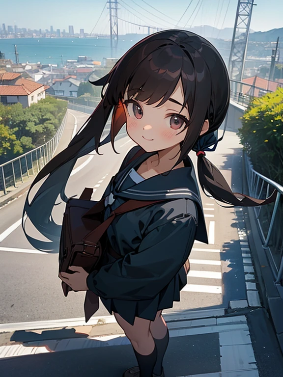 1girl, standing, head tilt, gentle smile, yo,
(downhill:1.4), (sloped road), wide single road in Yokohama,
(cityscape in distance), (port city), (sea in distance:1.3), (gantry crane:1.2),
(low twintails girl), low pigtails, hair ribbon white, very long black hair,
white serafuku with blue ribbon, navy-blue collar,
(dark brown eye), 1 student bag on right shoulder,
city area, (stylish, urban),
electric pole, electric cable, white line on the road, (tree on left:0.5), white residences on right,
afternoon, spring, superb view, heights,
from front, from slightly above,
afternoon, summer,
anime, high brightness, detailed face, detailed eyes,
(high quality, ultra detailed, masterpiece, FHD)