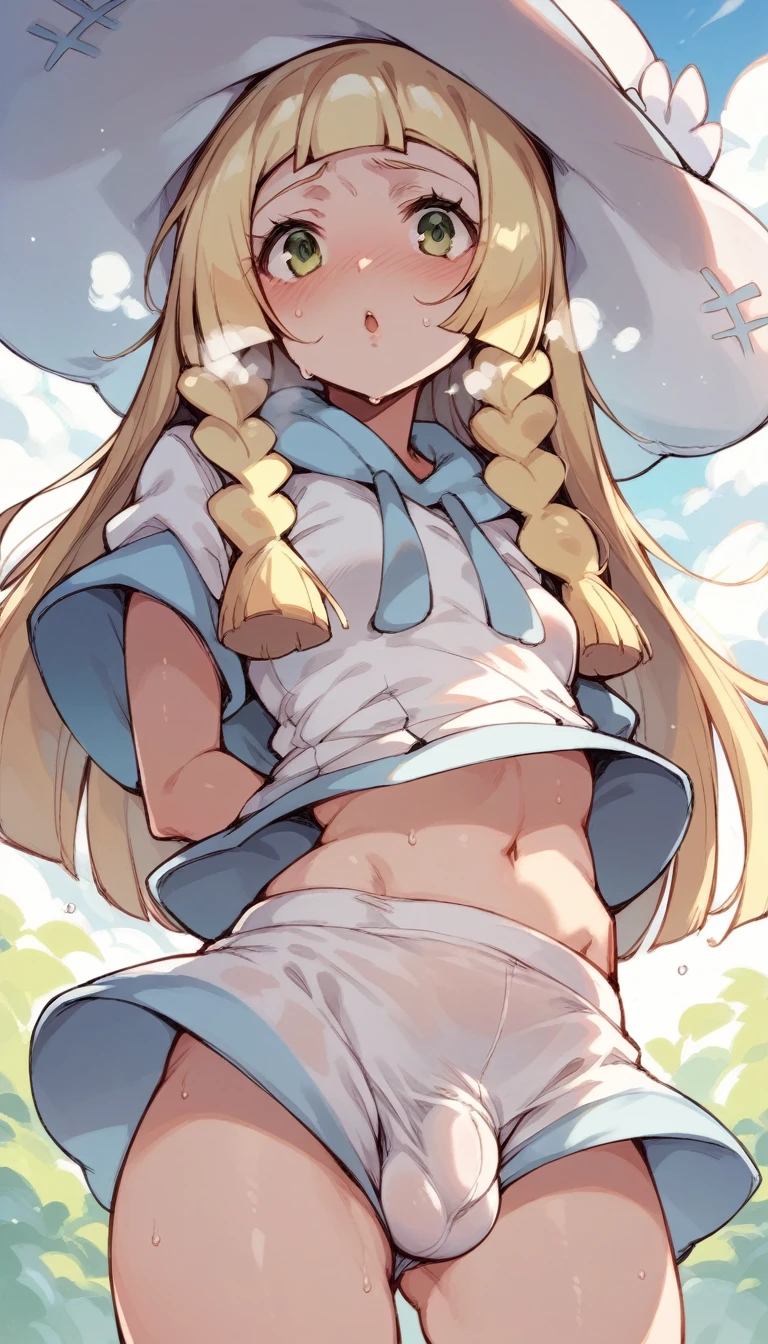 nsfw,,1 person,Sweat,White Breath,solo,Pokémon,Lillie,Groin bulge,Standing posture