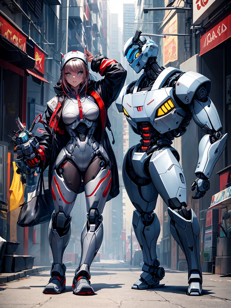 Make an image of a robot, make it look cool and strong, provide a full body view and provide more view of the background, make the robot look cooler and better, make the robot look better and cooler and stronger and smarter, make the robot look strong and thin, make the robot thinner and cooler, make the robot a female and provide full body view, make the female robot look more beautiful, make it more pretty and cool, add a robot, make it look more realistic and cooler
