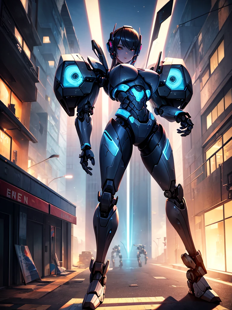 Make an image of a robot, make it look cool and strong, provide a full body view and provide more view of the background, make the robot look cooler and better, make the robot look better and cooler and stronger and smarter, make the robot look strong and thin, make the robot thinner and cooler, make the robot a female and provide full body view, make the female robot look more beautiful, make it more pretty and cool, add a robot, make it look more realistic and cooler