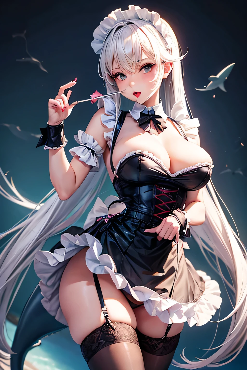Gorgeous, dressed as a maid with a shark tail, In stockings, long legs, beautiful breasts, big breasts, lollipop in mouth, Ultra Realistic, high quality, natural forms