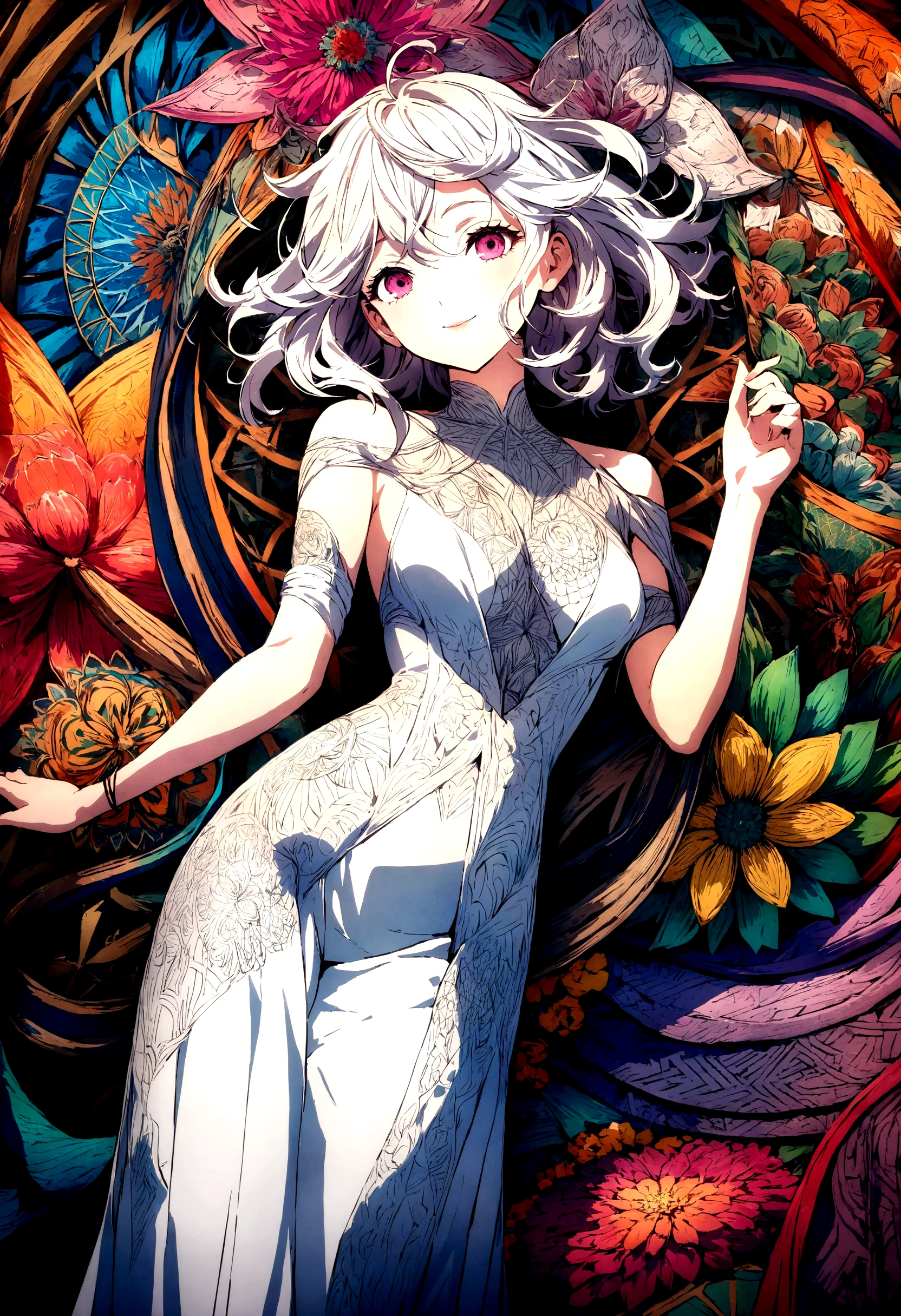 Official Art, Unity Wallpaper, Super detailed, beautiful and aesthetic, beautiful, masterpiece, Highest quality, (zenTangle, Mandala, Tangle, enTangle), (Flower Ecstasy:1.2) Dynamic Angle, Cowboy Shot, the most beautiful form of chaos, elegant, Brutalist design, Vibrant colors, Romanticism, Atmospheric,Girl