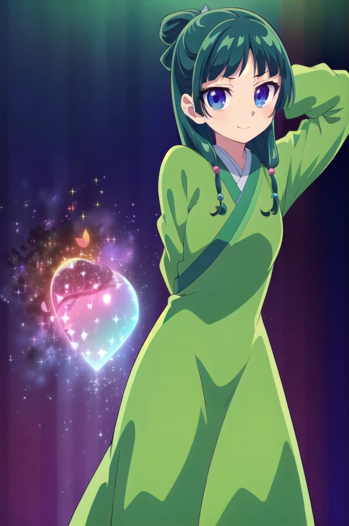 1girl,solo,full body,standing,(green hair:1.2),long hair,pig tail,(blue eyes:1.2),freckles,(beautiful fingers:1.4),(perfect anatomy:1.4),(arms_behind_back:1.6),(cold_shoulder:1.2),medium breasts,beautiful breasts,masterpiece,best quality,(Ultra high definition eyes:1.2),8k,(Beautiful detailed eyes:1.2),(Fine and beautiful eyes:1.2),(pretty eyes:1.2),finely detail,extremely CG, absurdres,high resolution,illustration,Detailed and beautiful outlines,finely detail,high resolution,(colorful refraction:1.4,Increase saturation:1.2),beautiful lighting,dynamic lighting,closed room,black background,simple background, smile,looking at viewer,maomao,(green hanfu),BREAK,red long skirt,