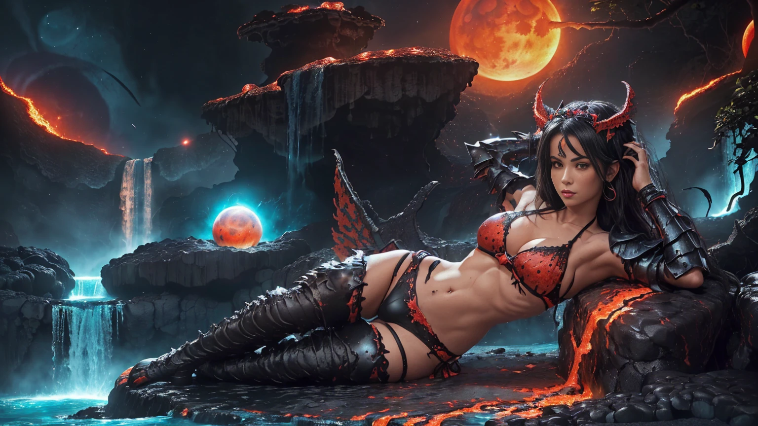 In a setting (lush jungle:1.5), in the middle of (majestic waterfalls:1.5) (turquoise blue water), a (sublime succubus alone) sits on a rock, her (large blue eyes) piercing the camera lens. The (dark night sky:1.3) above is lit by a (fiery red moon:1.5). Her perfect physique is highlighted by a beautiful (bikini armor:1.5) adorned with (lava scale:1.5). She wears a (black tiara with black horns:1.3) on her (long blonde hair:1.3) and her (pretty face) sports a (sultry smile). She has (2 large wings:1.5) on her upper back. (2 high black wings:1.3). (2 high symmetrical wings:1.3). (Darkness). (Lava Armor, Armor of lava, stripped armor:1.3)