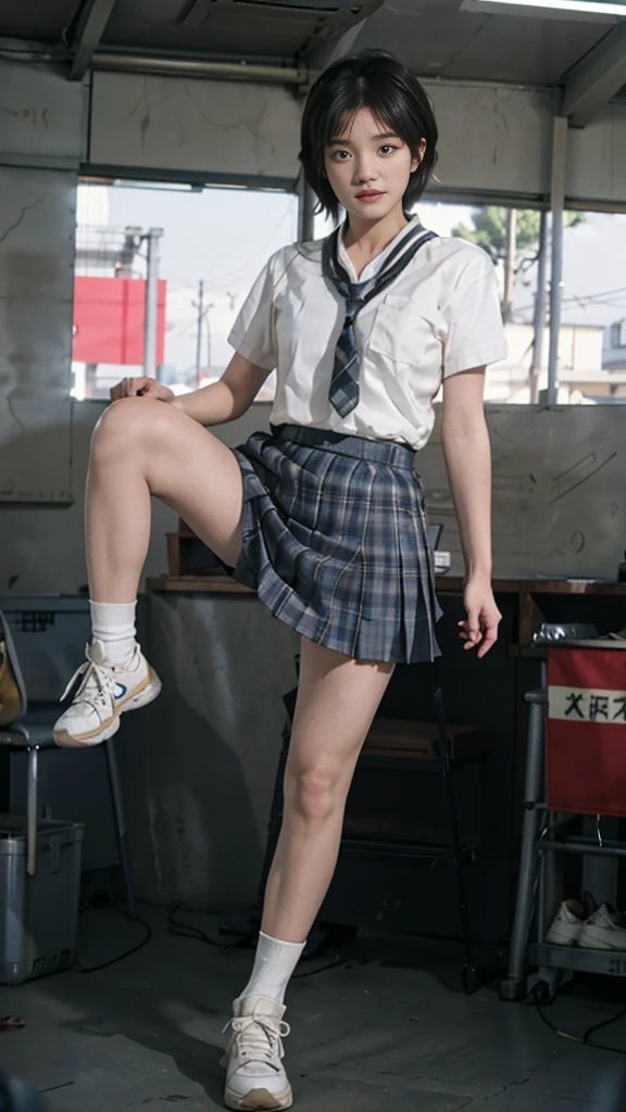 Battlefield Background，Wear a school uniform，Plaid miniskirt，Close-up of short-haired girl in sneakers kicking her legs in a ruined area，kick kick，high kick，Stand on one foot，high kick，strong leg high kick，Kicking is an action，Facing the audience，bobcut，sweat，Full body close-up