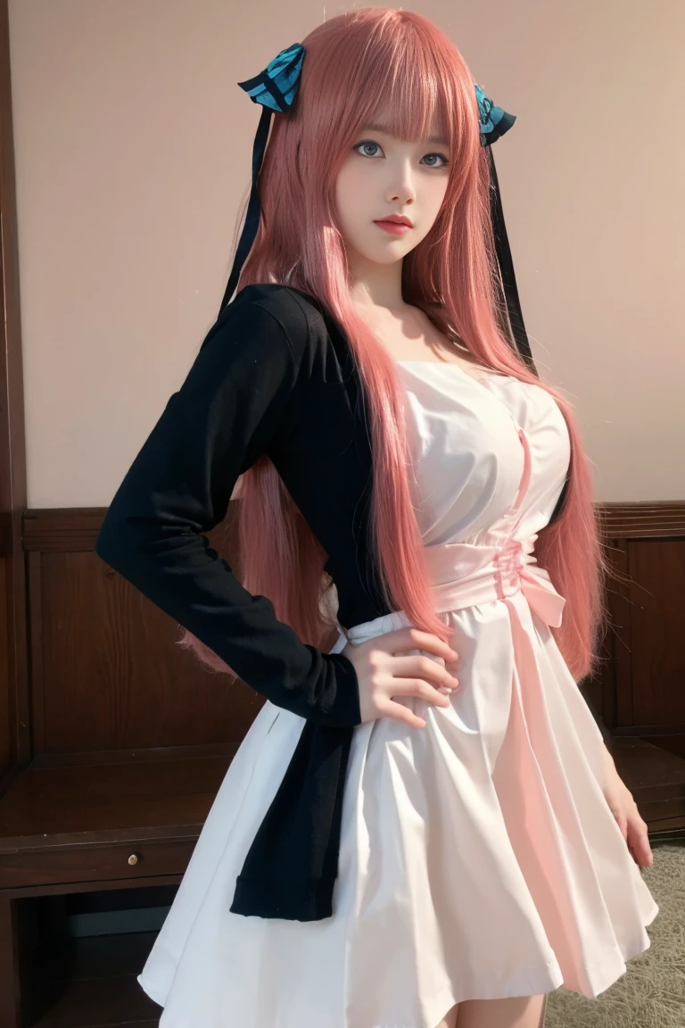 best quality, tmasterpiece,Ultra-high resolution,Clear face,(Reality:1.4),ferpect lighting,(upper body photo), (photorealistic:1.50), anime wallpaper, Guviz style artwork, cover-up fantasy up to magic , by Yang J, Guviz, beautiful artwork illustration, beautiful digital artwork, beautiful digital illustration, Li Song, beautiful anime portrait, art style in Beauvot, 1girl, 独奏, blue eyes, long hair, (pink hair:1.5), hair ornament, black hair ribbon, (maid dress:1.3), sleeveless, Bare shoulders, white apron, standing, (medium breast:1.3), (shagging breasts:1.3), background inside the house, room, looking at viwer,