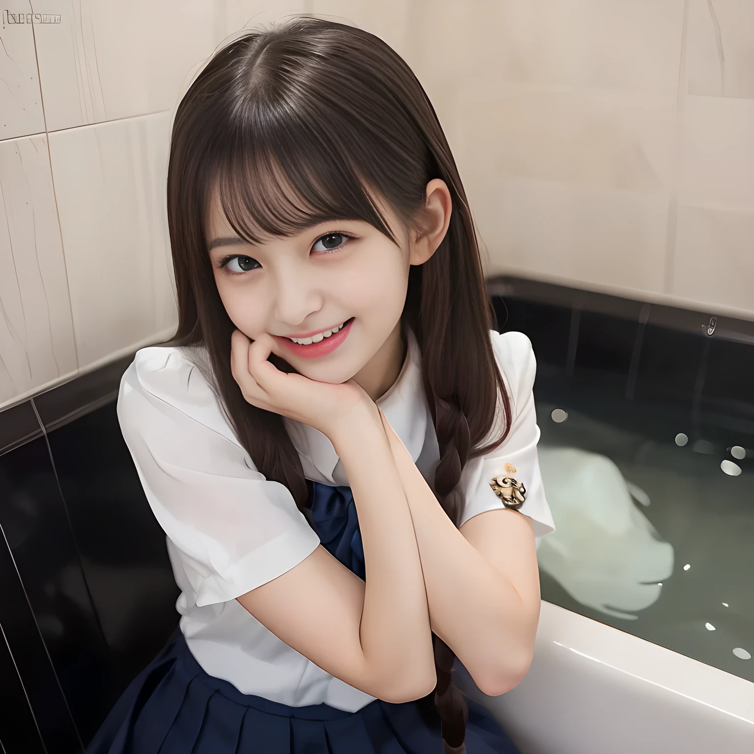 (highest quality, masterpiece:1.2), highest quality, High resolution, 1080P, 8K, Height: 150cm, ((A noble and intelligent girl like Japanese cute girly lady is hypnotizing and giggling, A very sweet, very noble, pretty and neat Japanese beautiful cute girl. Realistic very girly sweet cute evil girl like a princess is seated in a bath tab in a girly dark evil harem gorgeous pinky bath room with evil thought in a deep succubus nightmare)), ((((14 years old, popular Japanese fashion model)))), ((((White face with plump cheeks)))), Glossy lips, (Evenly cut bangs), ((Very beautifully laughing brown drooping gooey cute neat noble eyes)), ((straight black very very long straight hair)), Very lustrous, glossy lips, Open hand over open mouth, Beautiful hair like a hair model, Watching the viewer and laughing, ((Incredibly well organized, The expression is rich. plump and beautiful skin and face)), ((Pure and clear sweetly smiling eyes)), ((smiling at me)), Glossy Lips, ((noble and neat)), ((Like a succubus is fascinating with magic and giggling)), ((((A succubus is fascinating and calling to the deeper place forever)))), ((highly up-curved lips)), ((looking at the viewer directly)), white hands, ((Navy girls high school sailor uniform, Navy uniform sailor collar, Navy uniform pleated skirt, Navy school shirt, Blue string ribbon tie)), (((((hugging and deep kissing girl's symbols arts background)))))