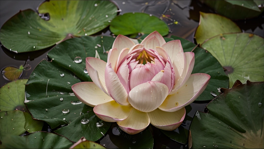 beautiful lotus flower close up image with rain droplets on leaf