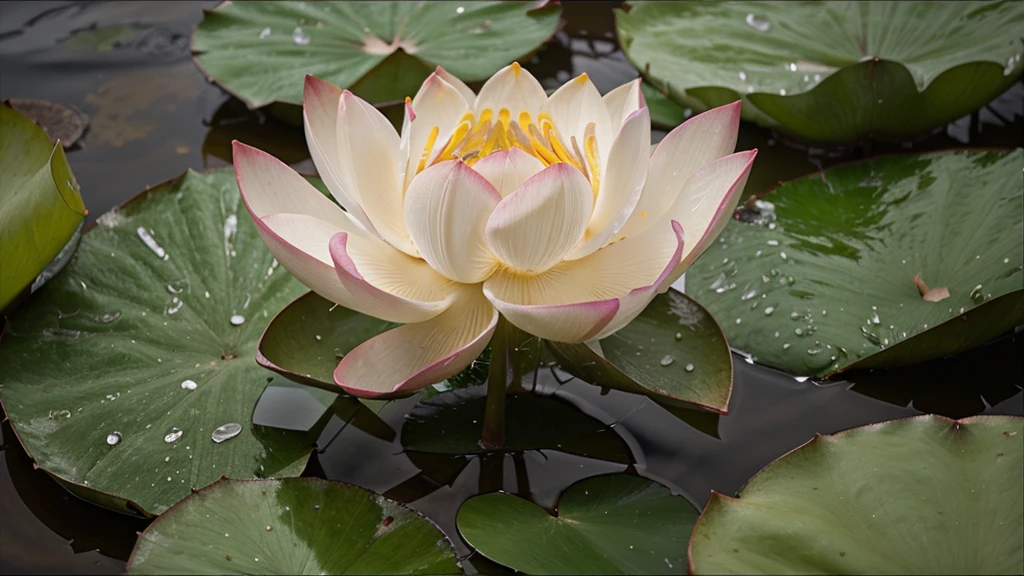 beautiful lotus flower close up image with rain droplets on leaf