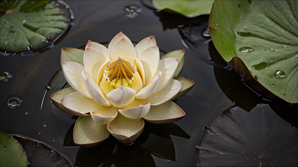 beautiful lotus flower close up image with rain droplets on leaf