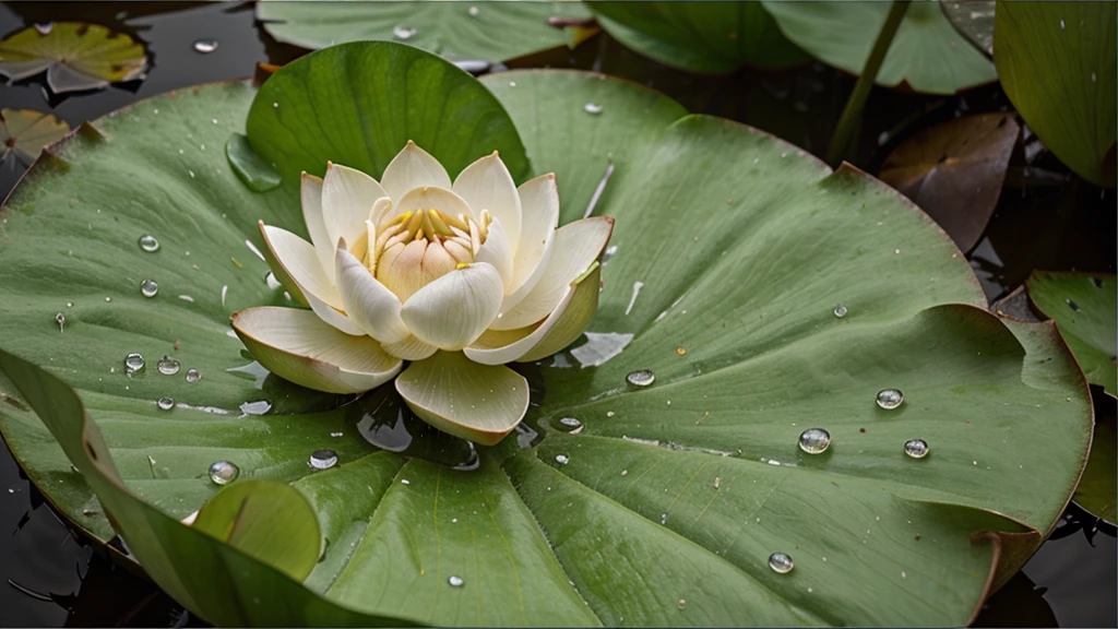 beautiful lotus flower close up image with rain droplets on leaf