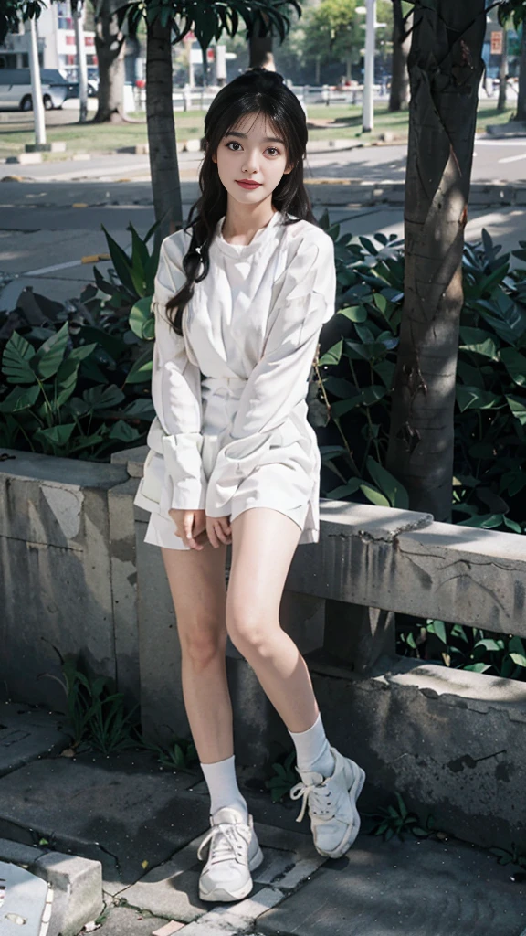Girl wearing long white short-sleeved,White sneakers,With two braids,White on the calf,Close-up of a girl posing in the park,Full body close-up,Standing posture