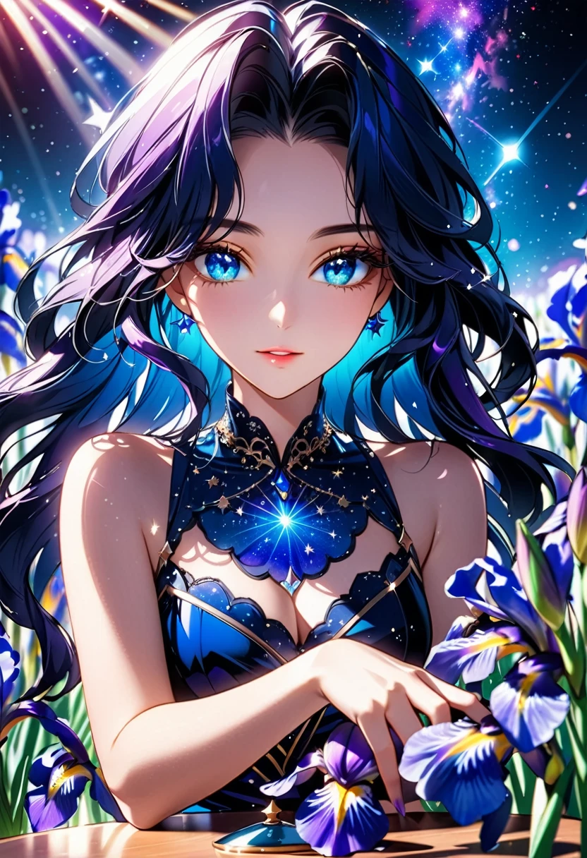 a extreme close up facial picture of an astrologist who divine the future from the stars, an extraordinary beautiful woman, divining the future from the stars, there is magic in her eyes, the ((irises are colored deep blue filled with stars: 1.5)) ladyshadow, dynamic hair color, dynamic hair style, she sits near a table, dynamic clothing, dynamic background, vibrant, Ultra-high resolution, High Contrast, (masterpiece:1.5), highest quality, Best aesthetics), best details, best quality, highres, 16k, [ultra detailed], masterpiece, best quality, (extremely detailed), Shiny..., ladyshadow